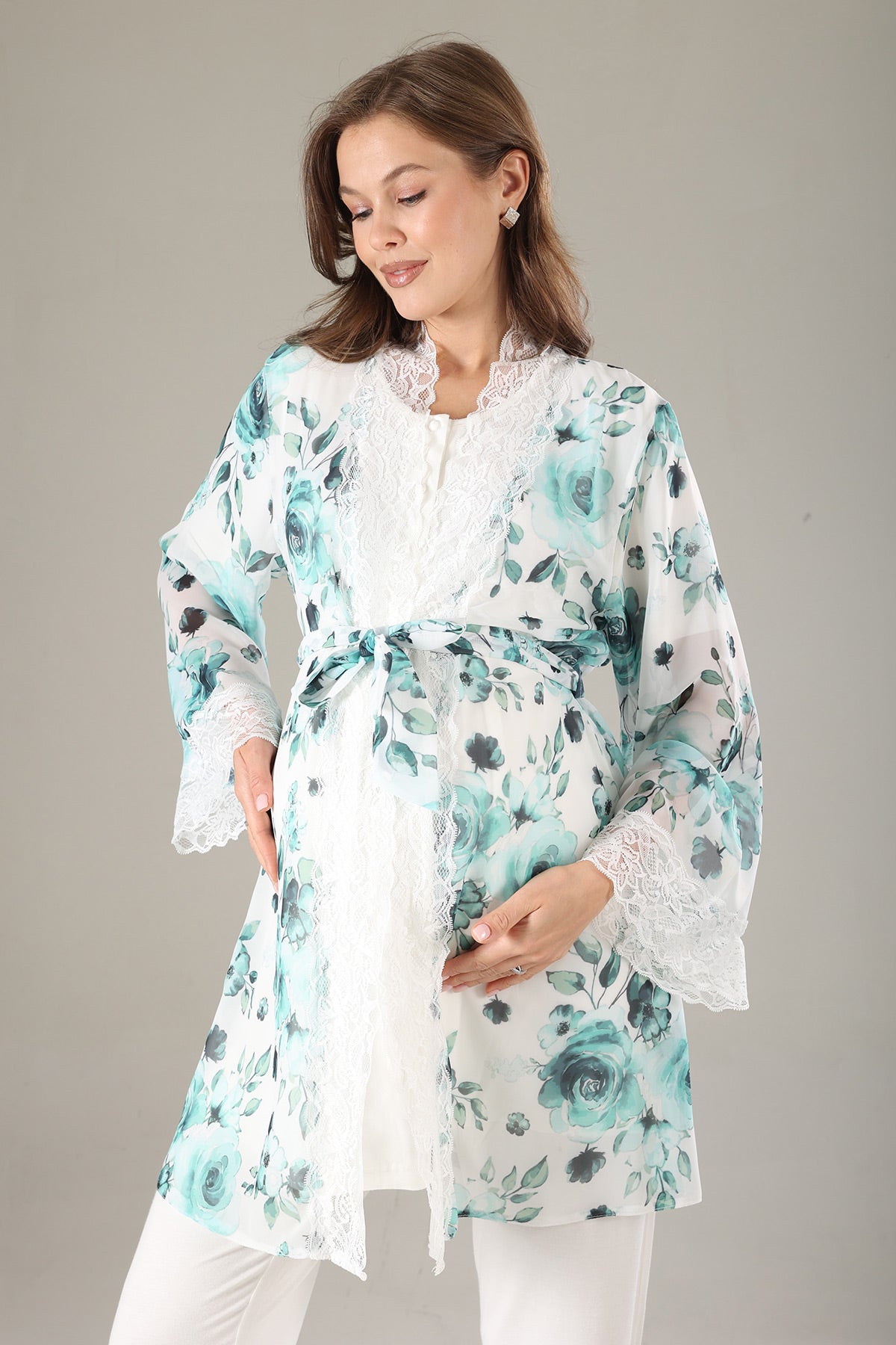Lacy 3-Piece Maternity-Nursing Pajama & Lacy Chiffon Robe Set Mint - 811