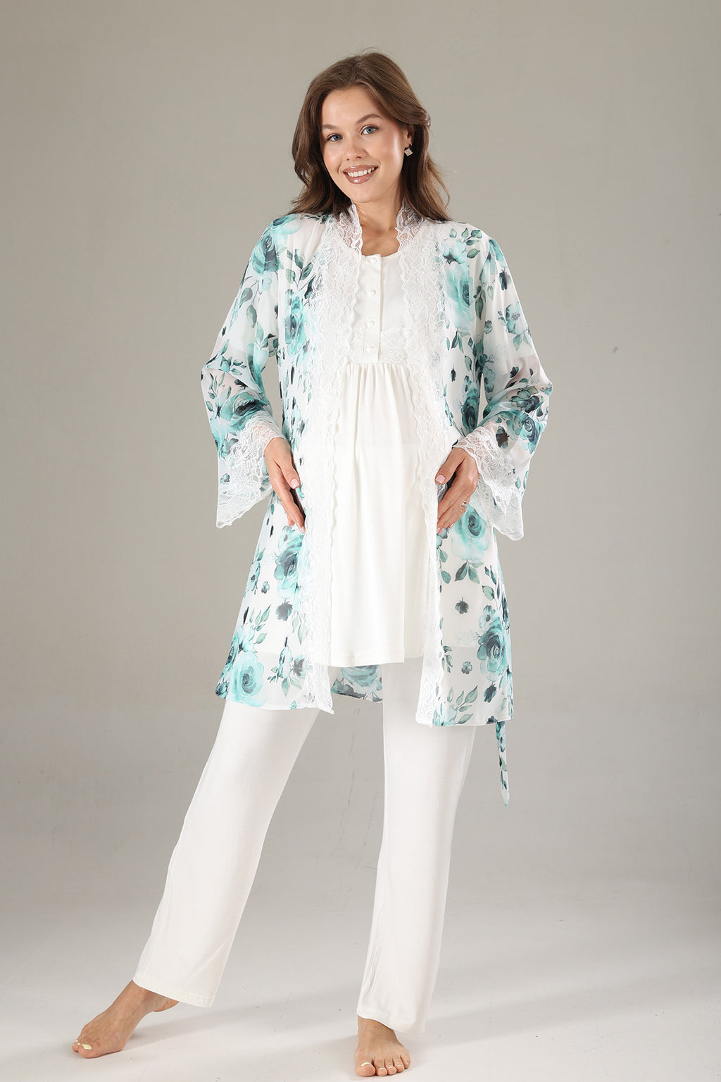 Lacy 3-Piece Maternity-Nursing Pajama & Lacy Chiffon Robe Set Mint - 811