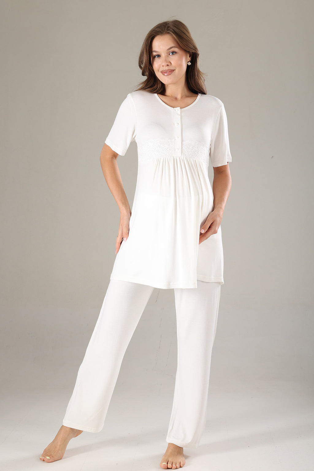 Lacy 3-Piece Maternity-Nursing Pajama & Lacy Chiffon Robe Set Mint - 811