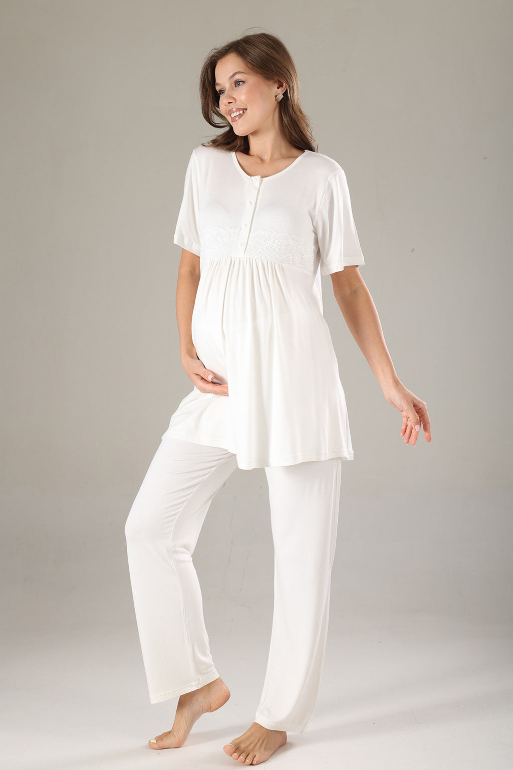 Lacy 3-Piece Maternity-Nursing Pajama & Lacy Chiffon Robe Set Mint - 811
