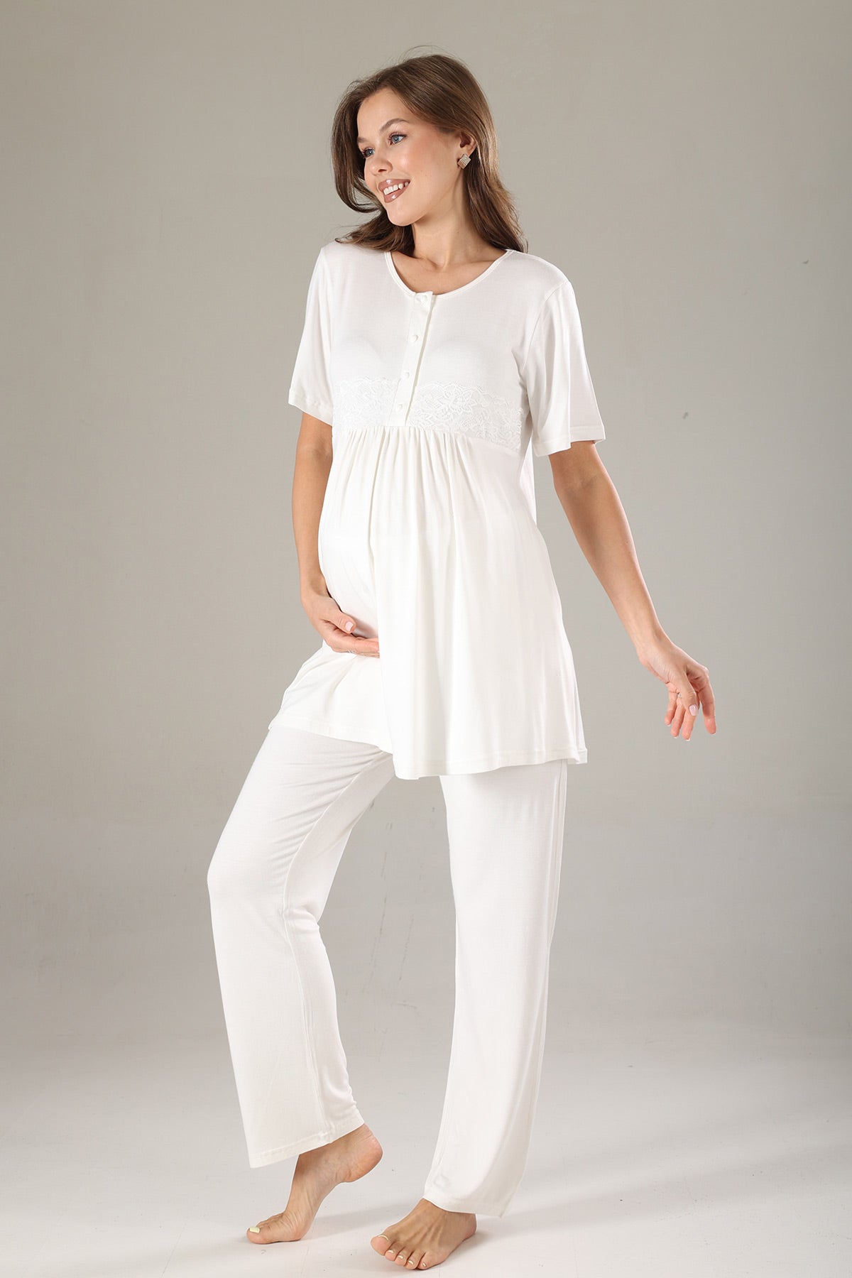 Lacy 3-Piece Maternity-Nursing Pajama & Lacy Chiffon Robe Set Mint - 811