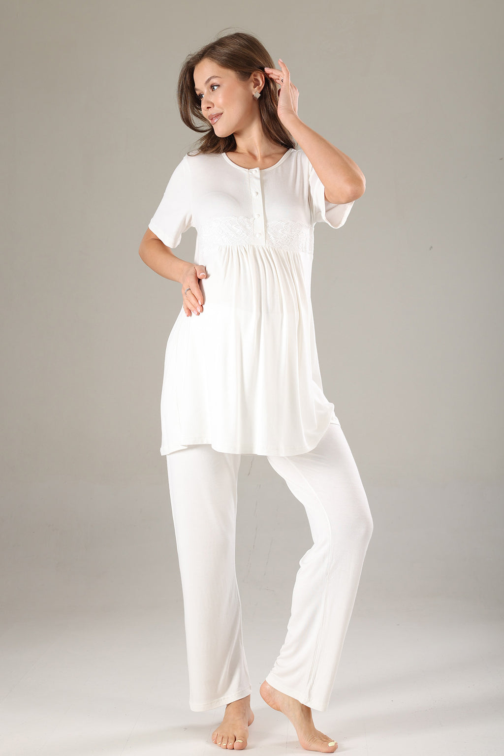 Lacy 3-Piece Maternity-Nursing Pajama & Lacy Chiffon Robe Set Mint - 811