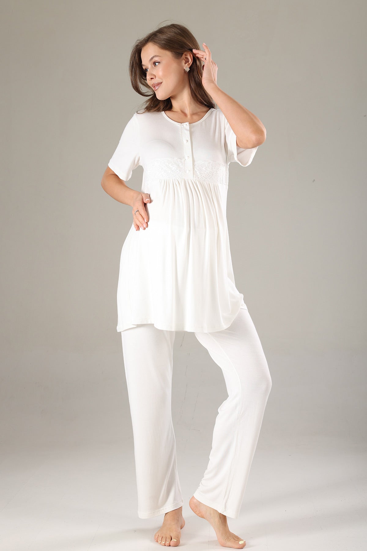Lacy 3-Piece Maternity-Nursing Pajama & Lacy Chiffon Robe Set Mint - 811
