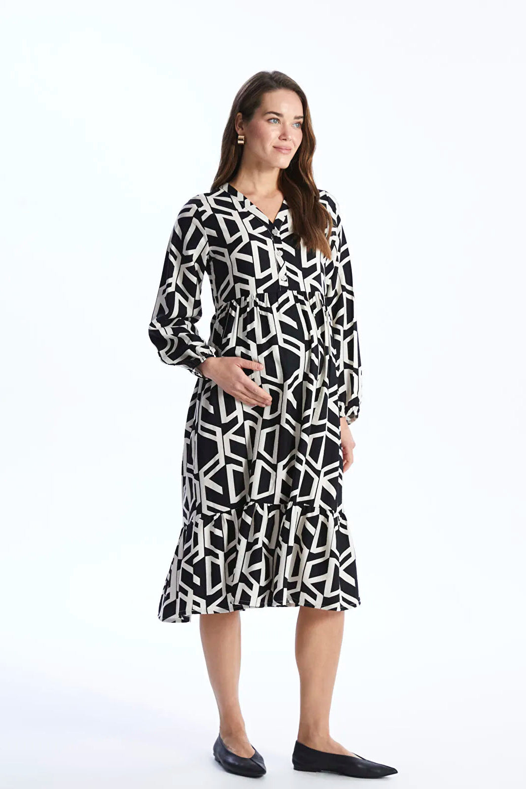 Casual Patterned V-Neck Midi Maternity Dress Black - 8117