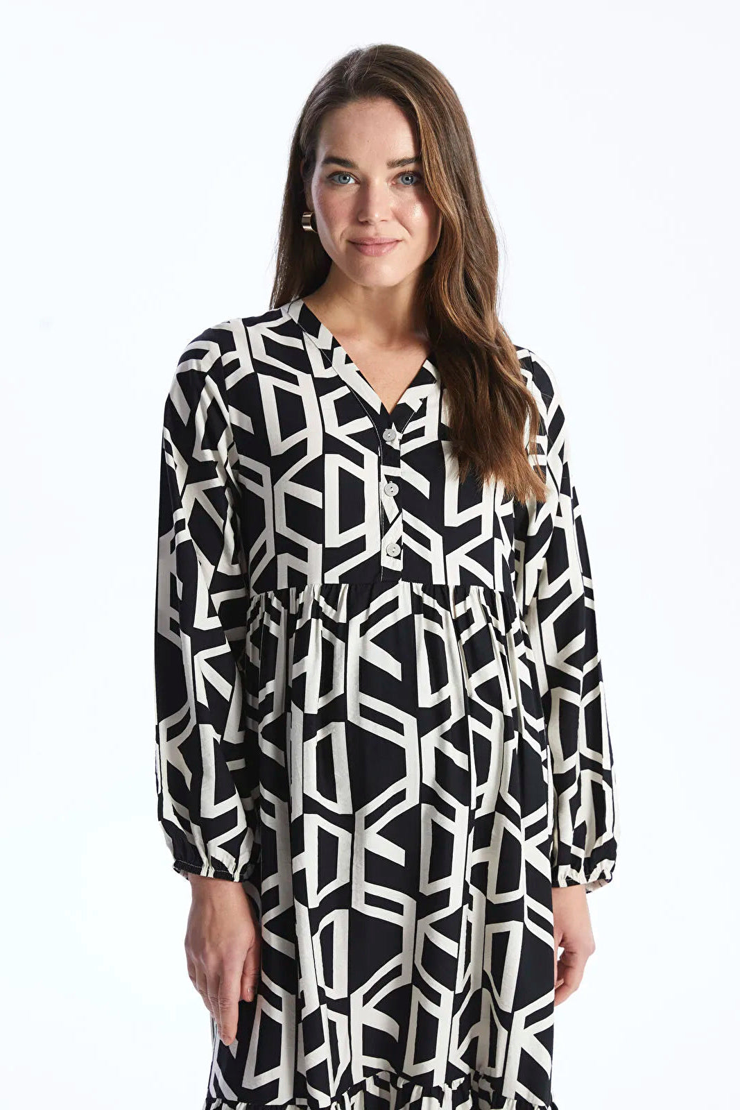 Casual Patterned V-Neck Midi Maternity Dress Black - 8117
