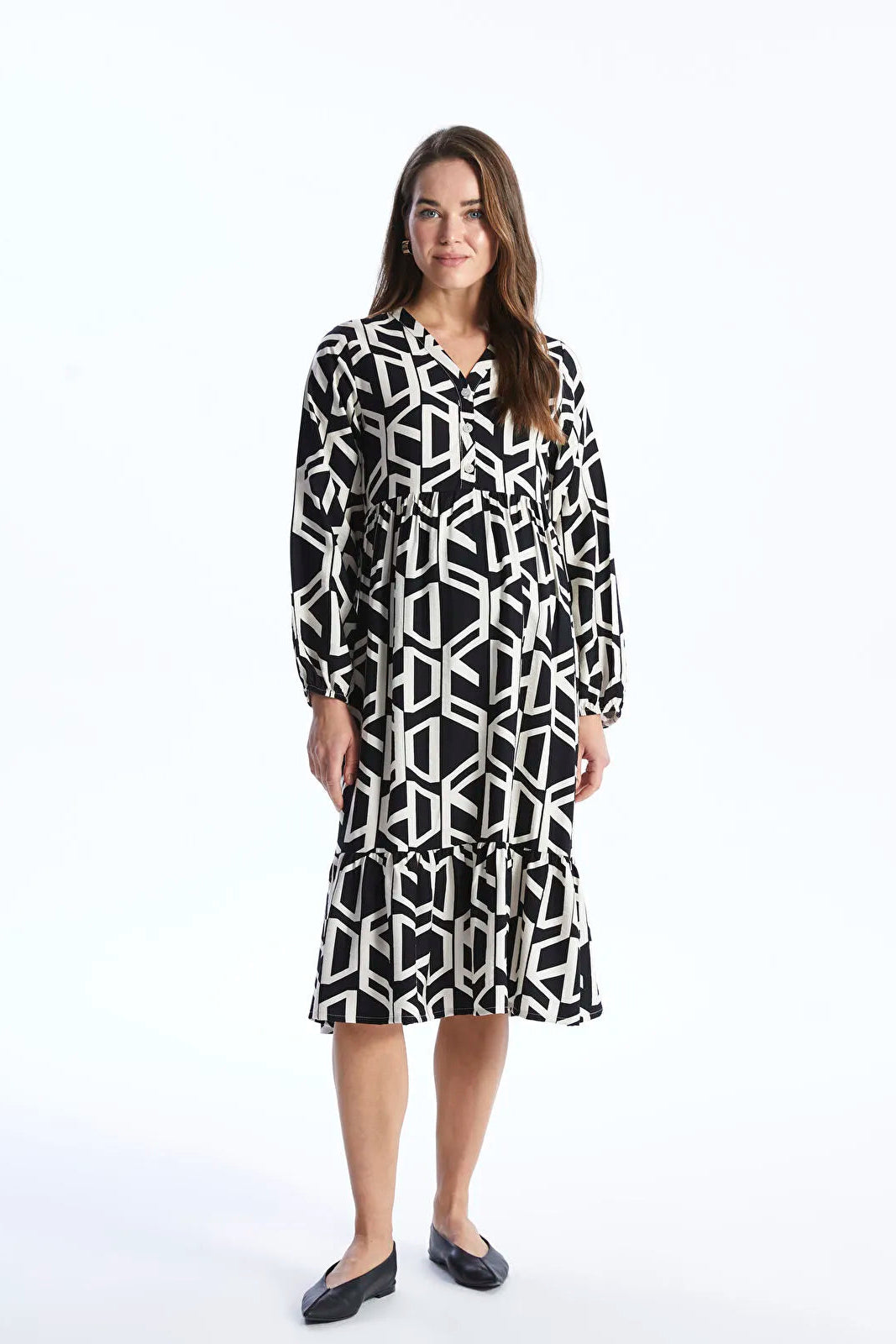 Casual Patterned V-Neck Midi Maternity Dress Black - 8117