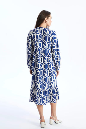 Casual Patterned V-Neck Midi Maternity Dress Indigo - 8117
