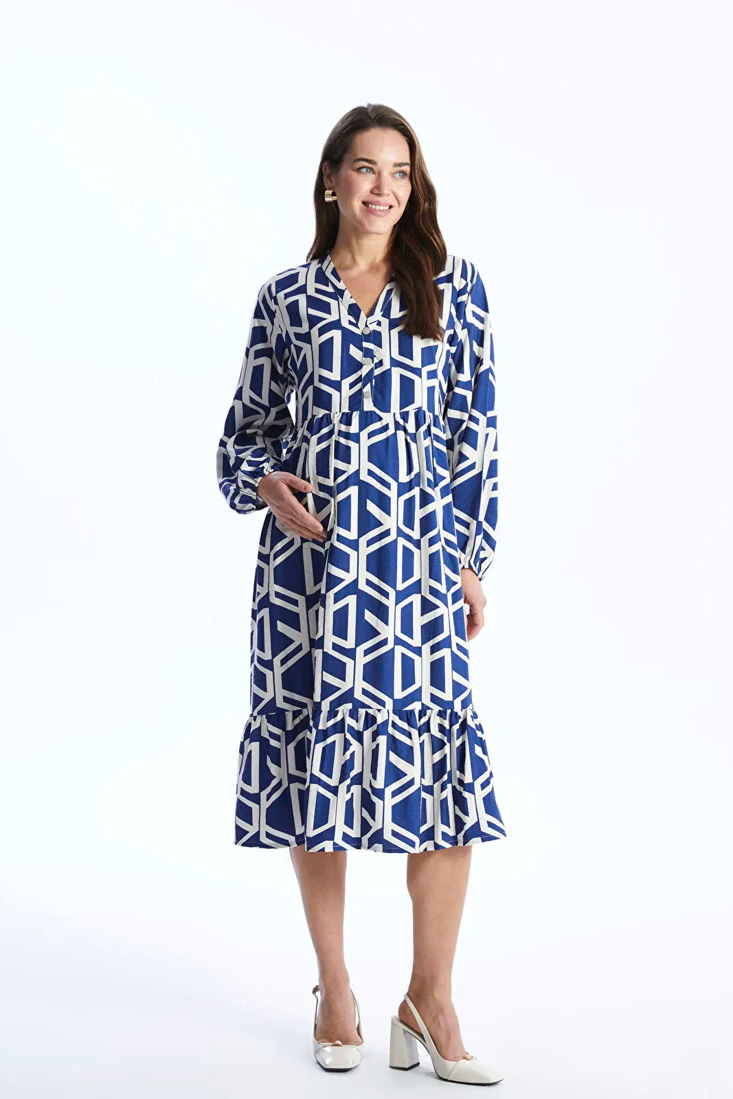 Casual Patterned V-Neck Midi Maternity Dress Indigo - 8117