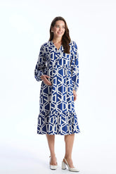 Casual Patterned V-Neck Midi Maternity Dress Indigo - 8117