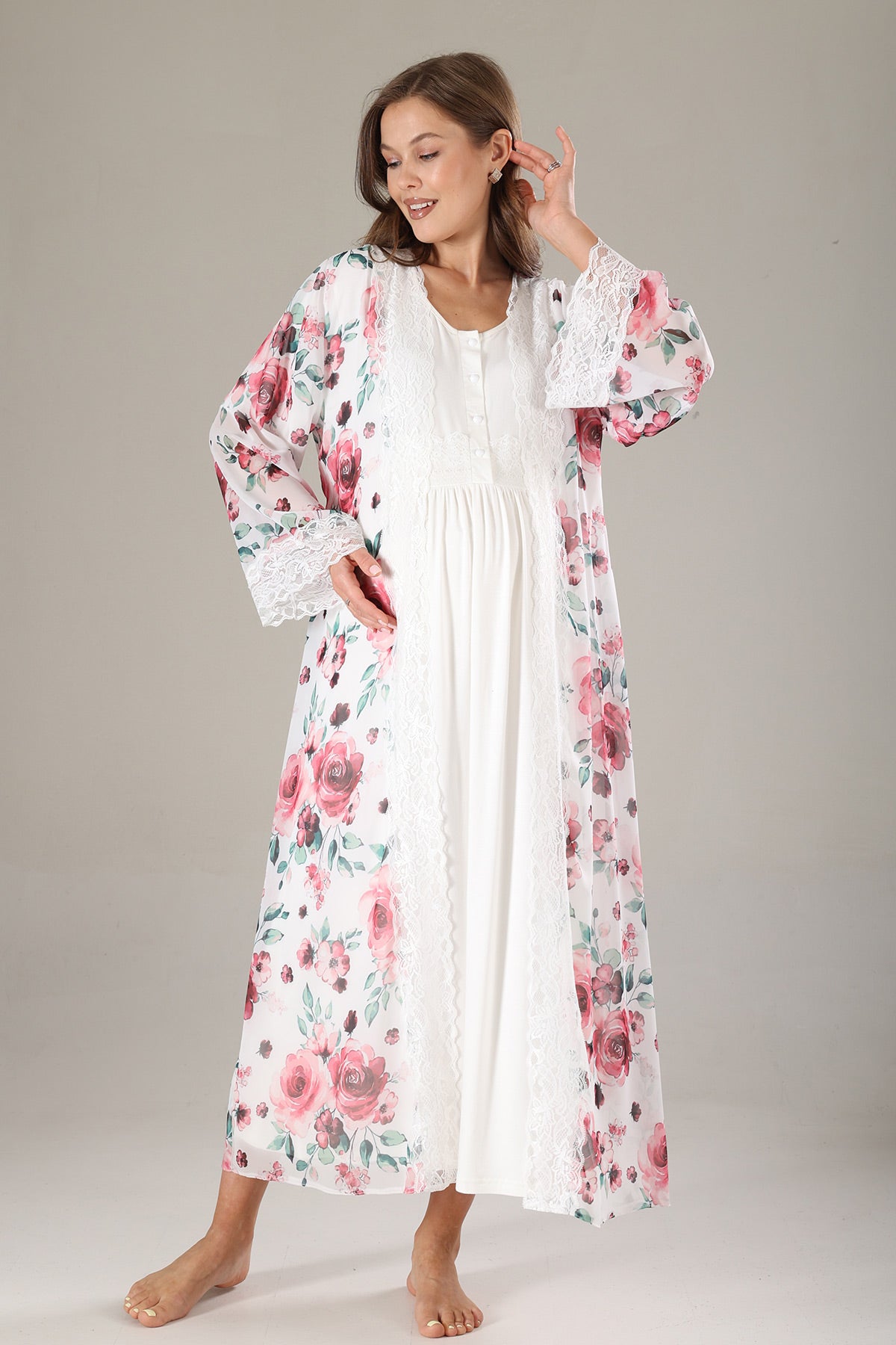 Lacy Maternity-Nursing Nightgown & Lacy Chiffon Robe Set Pink - 812