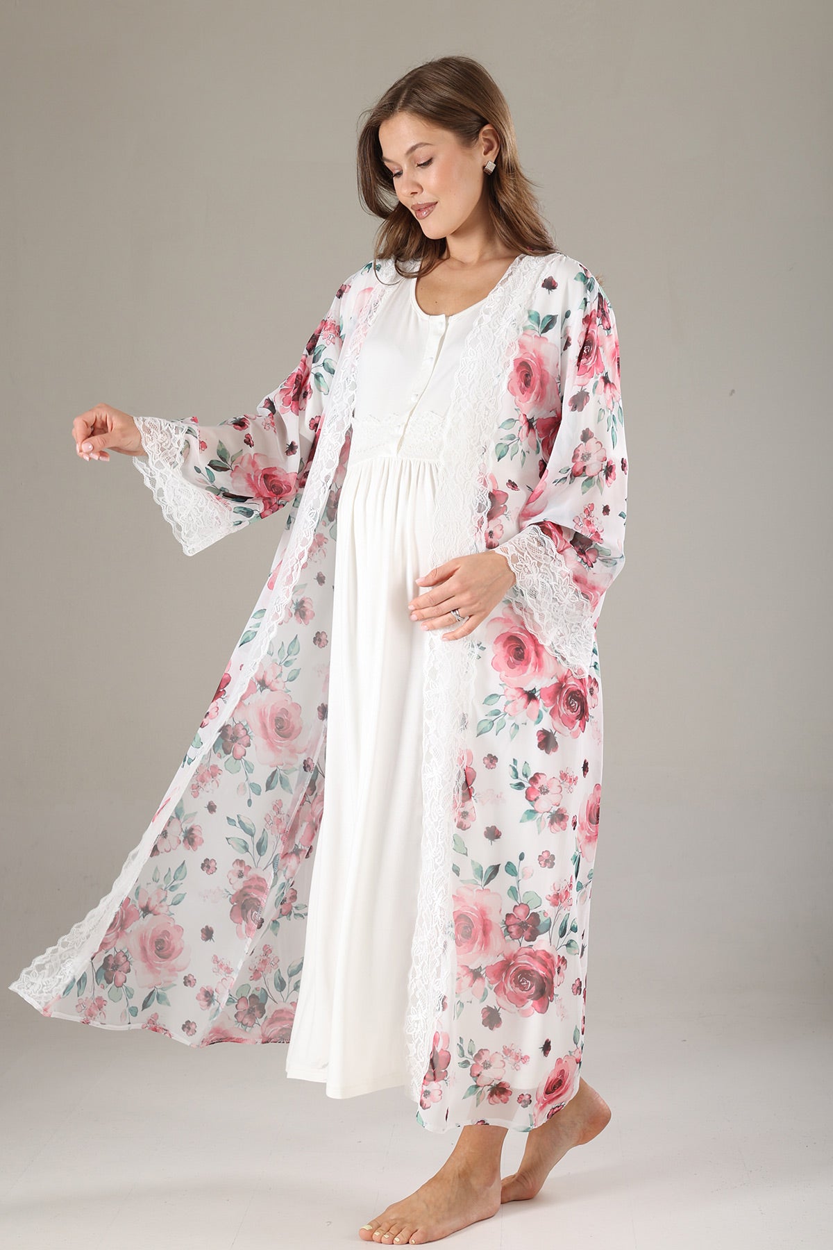 Lacy Maternity-Nursing Nightgown & Lacy Chiffon Robe Set Pink - 812
