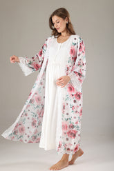 Lacy Maternity-Nursing Nightgown & Lacy Chiffon Robe Set Pink - 812