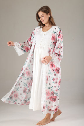 Lacy Maternity-Nursing Nightgown & Lacy Chiffon Robe Set Pink - 812