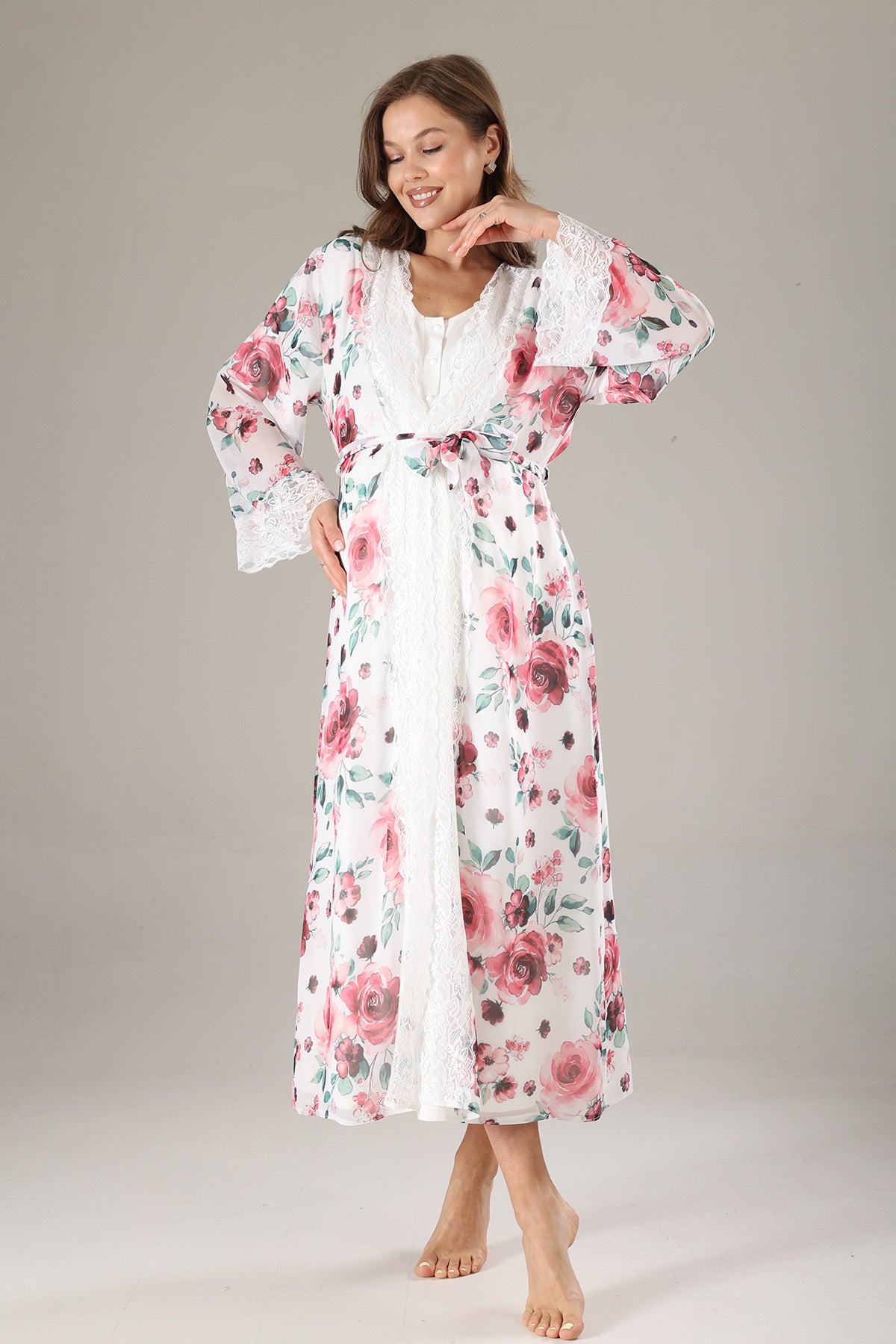 Lacy Maternity-Nursing Nightgown & Lacy Chiffon Robe Set Pink - 812