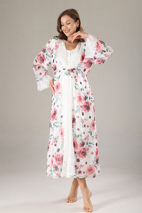 Lacy Maternity-Nursing Nightgown & Lacy Chiffon Robe Set Pink - 812