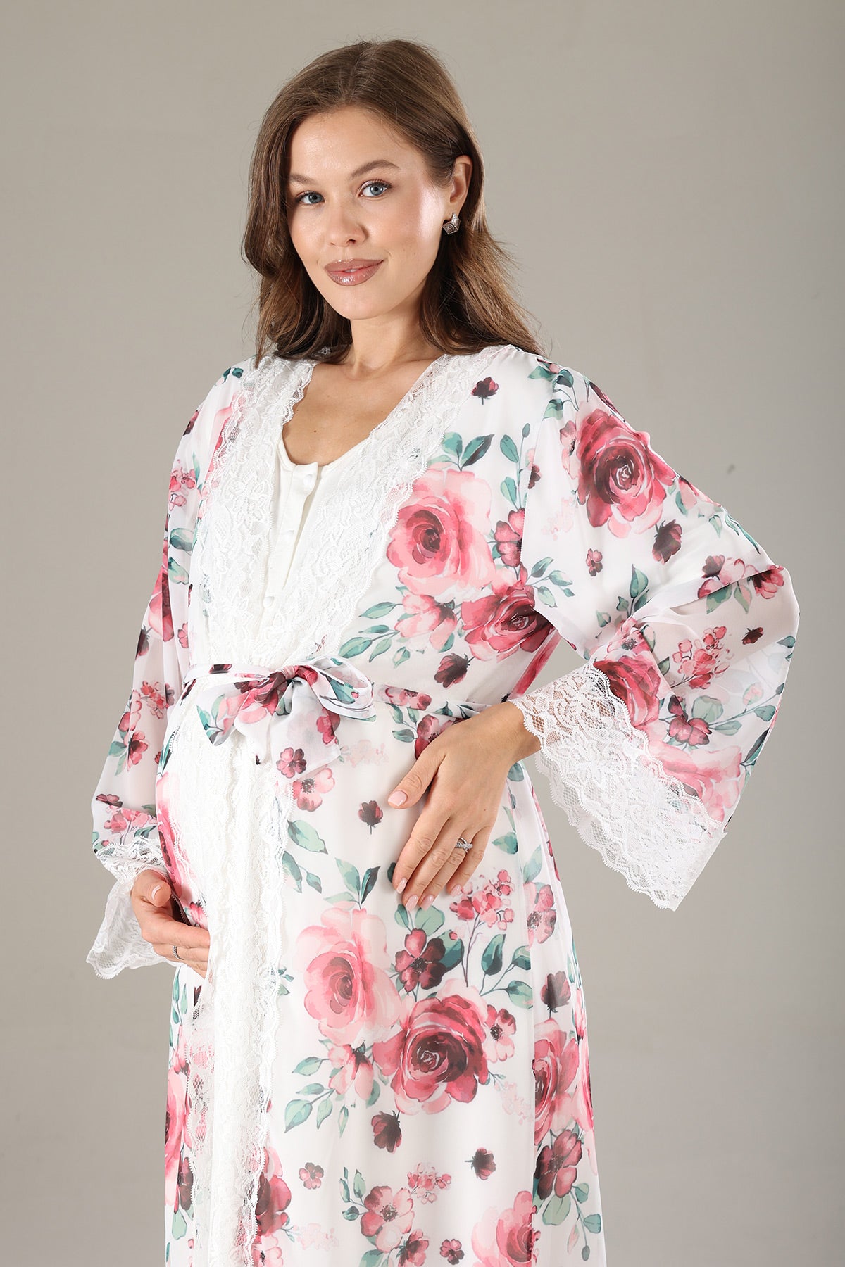Lacy Maternity-Nursing Nightgown & Lacy Chiffon Robe Set Pink - 812