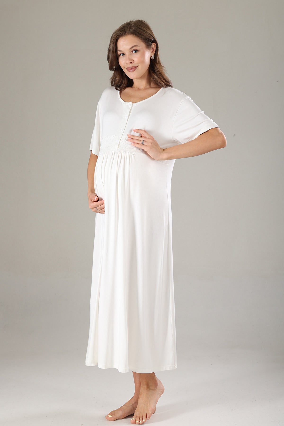 Lacy Maternity-Nursing Nightgown & Lacy Chiffon Robe Set Pink - 812