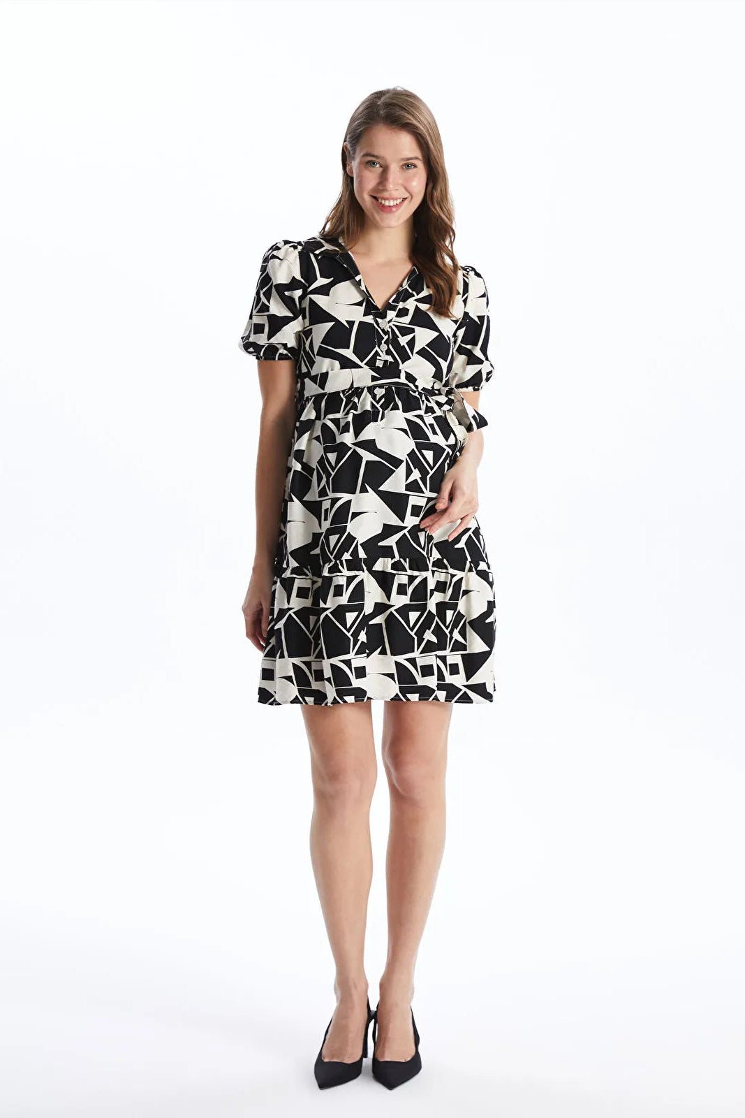 Shirt Collar Patterned Maternity Dress Black - 8127