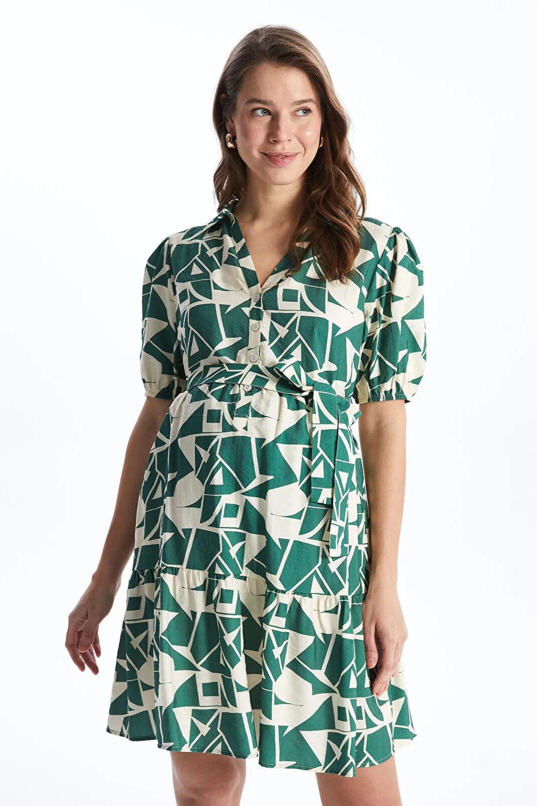 Shirt Collar Patterned Maternity Dress Green - 8127