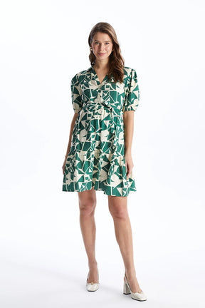 Shirt Collar Patterned Maternity Dress Green - 8127