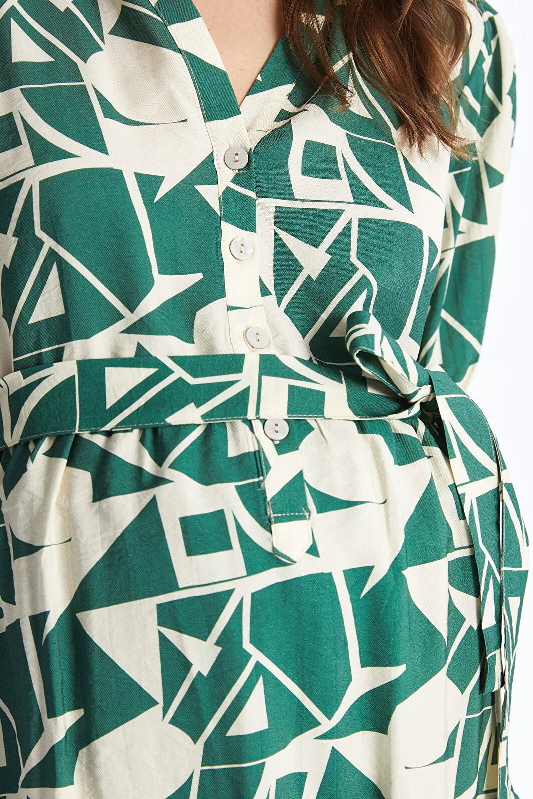 Shirt Collar Patterned Maternity Dress Green - 8127