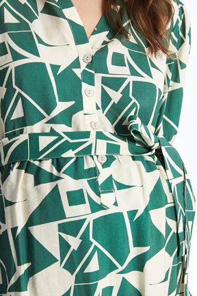 Shirt Collar Patterned Maternity Dress Green - 8127