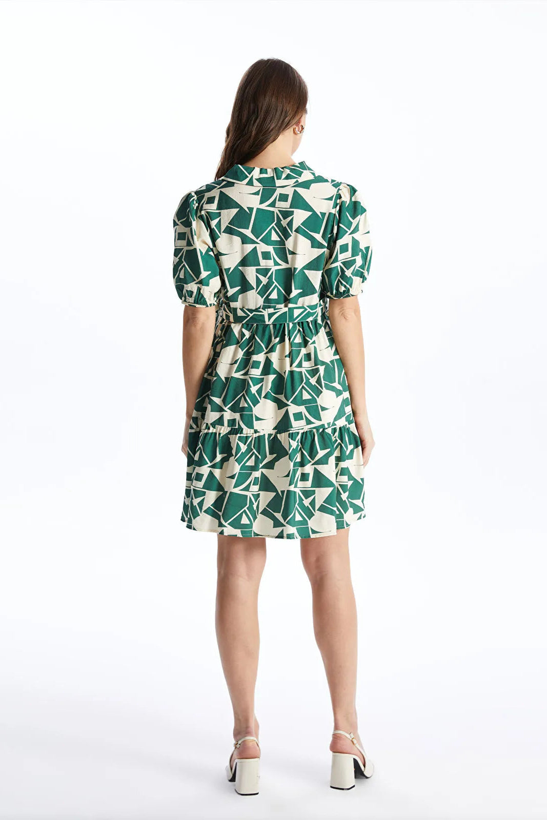 Shirt Collar Patterned Maternity Dress Green - 8127