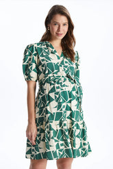 Shirt Collar Patterned Maternity Dress Green - 8127