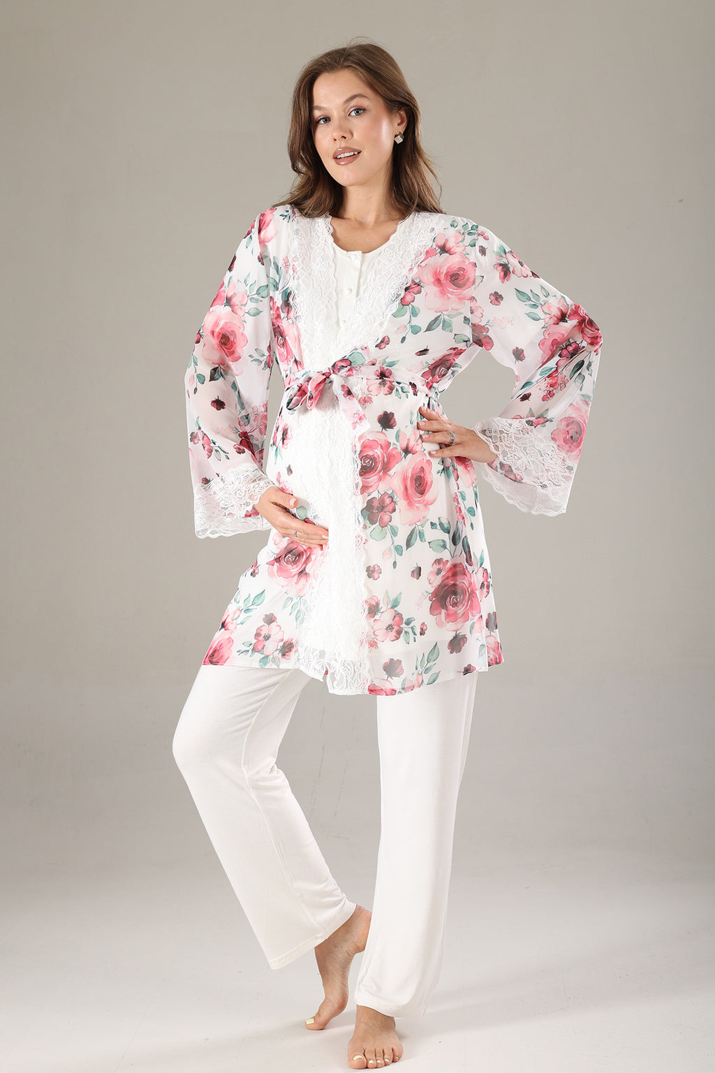 Lacy 3-Piece Maternity-Nursing Pajama & Lacy Chiffon Robe Set Pink - 813