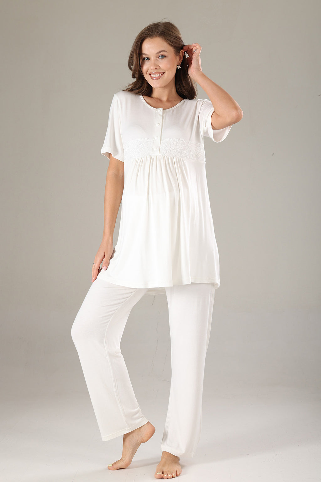 Lacy 3-Piece Maternity-Nursing Pajama & Lacy Chiffon Robe Set Pink - 813