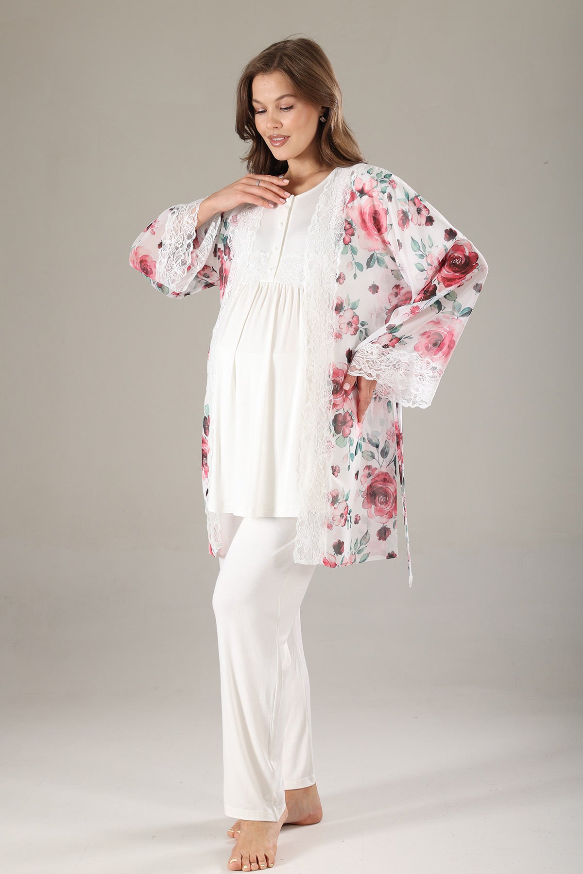 Lacy 3-Piece Maternity-Nursing Pajama & Lacy Chiffon Robe Set Pink - 813