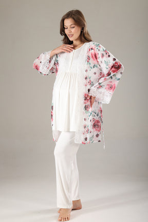 Lacy 3-Piece Maternity-Nursing Pajama & Lacy Chiffon Robe Set Pink - 813