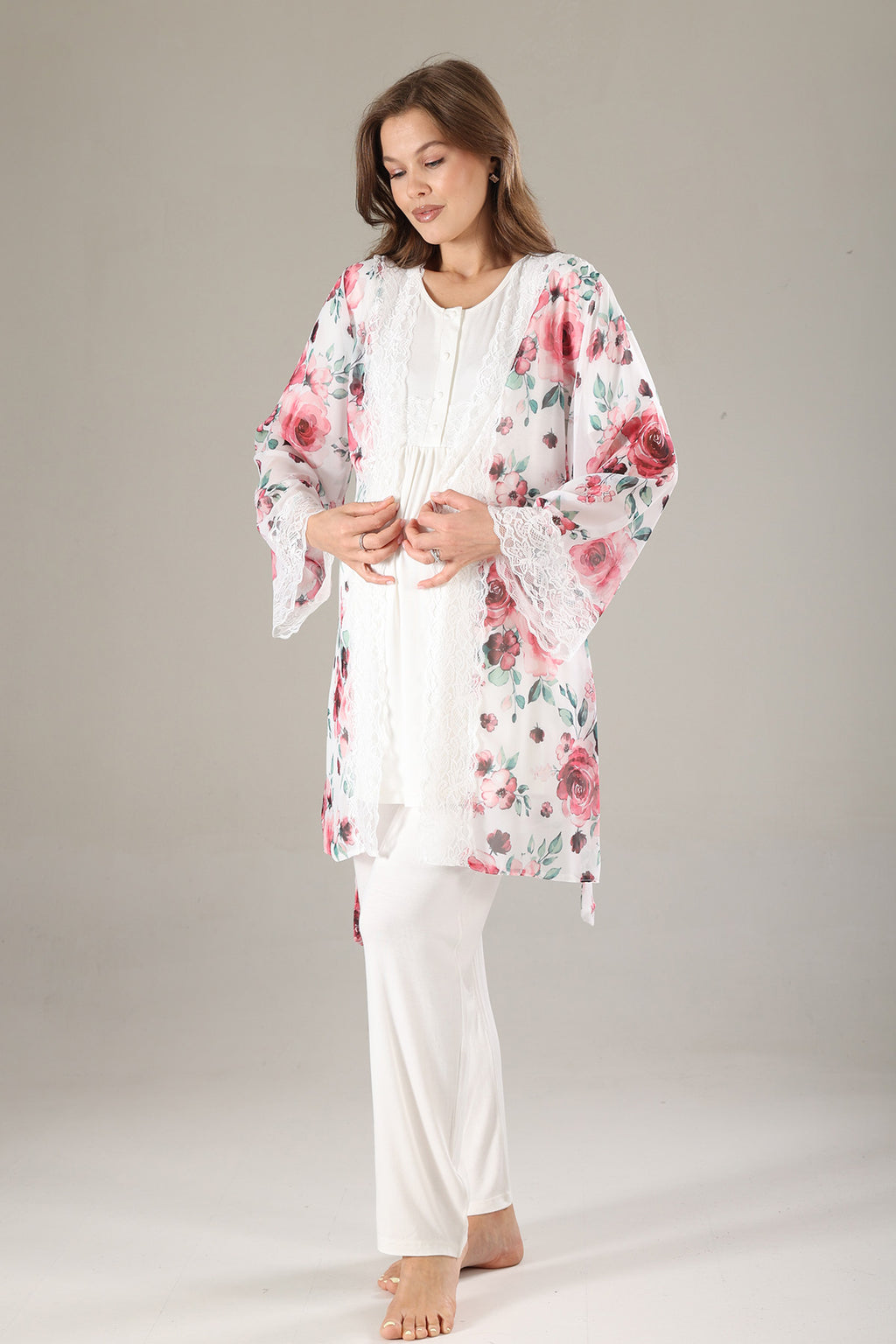 Lacy 3-Piece Maternity-Nursing Pajama & Lacy Chiffon Robe Set Pink - 813