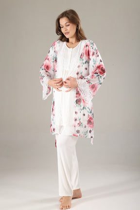 Lacy 3-Piece Maternity-Nursing Pajama & Lacy Chiffon Robe Set Pink - 813