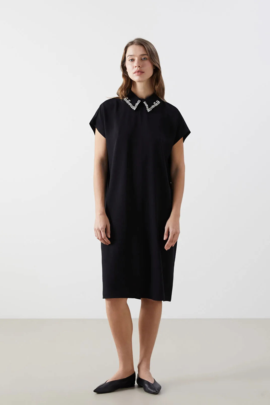 Shirt Collar Stone Printed Maternity Dress Black - 8130