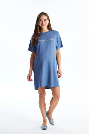 Casual Crew Neck Printed Maternity Dress Blue - 8136