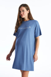 Casual Crew Neck Printed Maternity Dress Blue - 8136