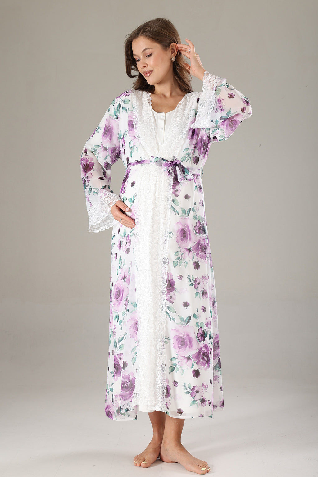 Lacy Maternity-Nursing Nightgown & Lacy Chiffon Robe Set Lilac - 814