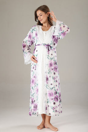 Lacy Maternity-Nursing Nightgown & Lacy Chiffon Robe Set Lilac - 814