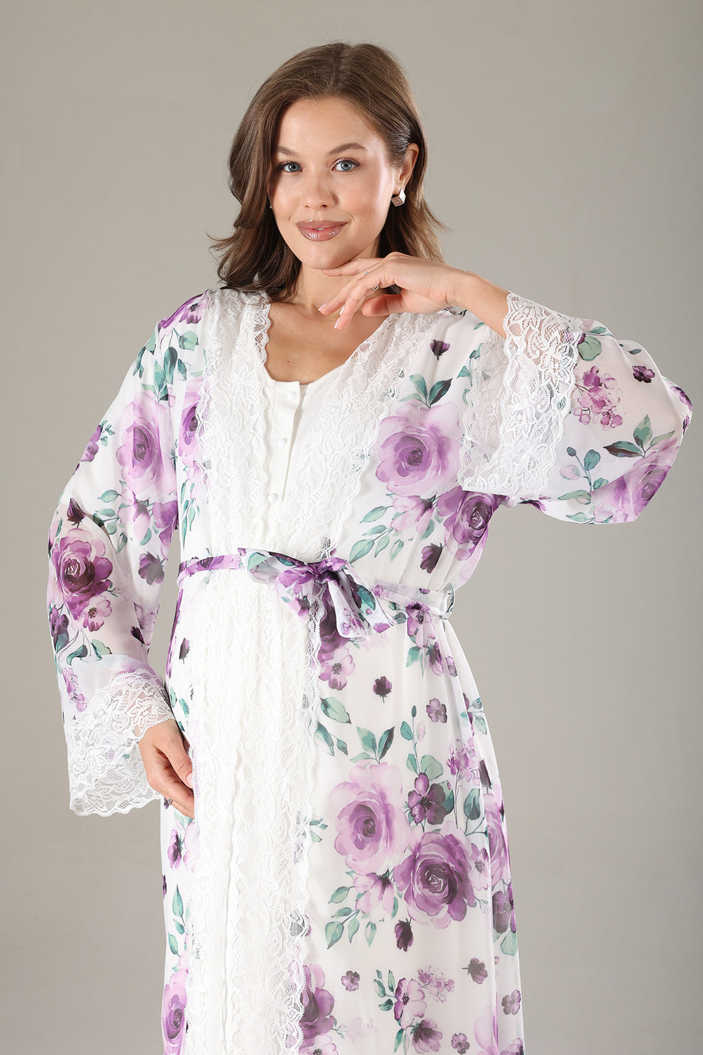 Lacy Maternity-Nursing Nightgown & Lacy Chiffon Robe Set Lilac - 814