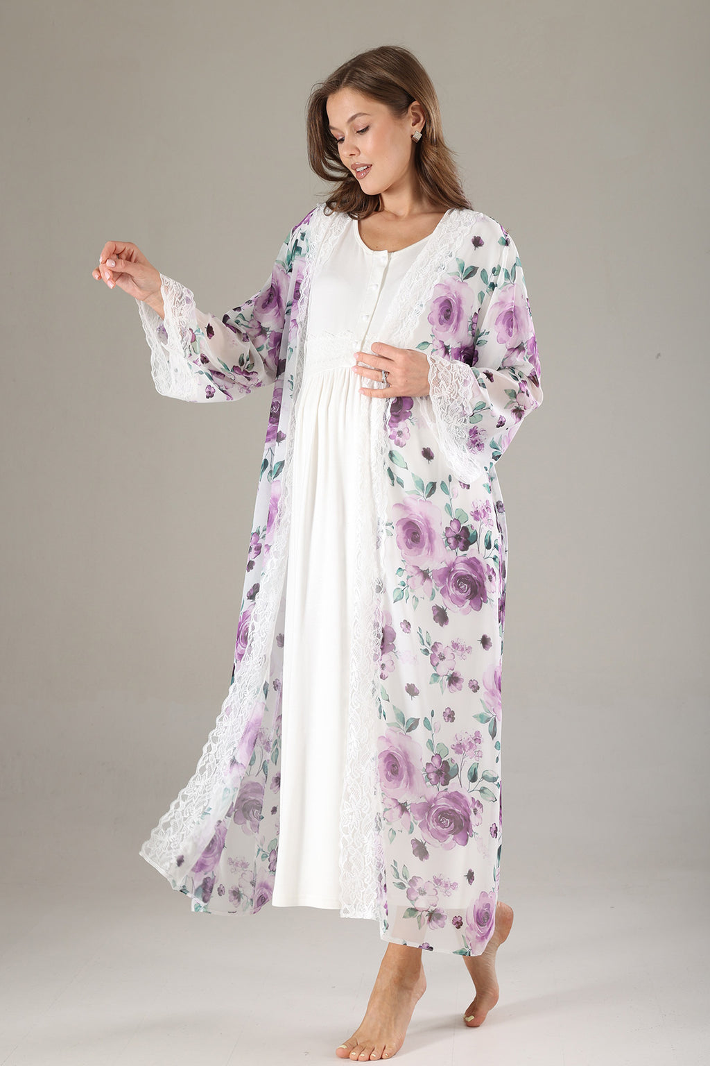 Lacy Maternity-Nursing Nightgown & Lacy Chiffon Robe Set Lilac - 814