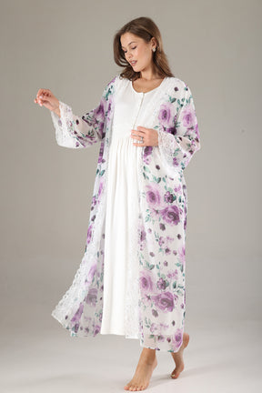 Lacy Maternity-Nursing Nightgown & Lacy Chiffon Robe Set Lilac - 814