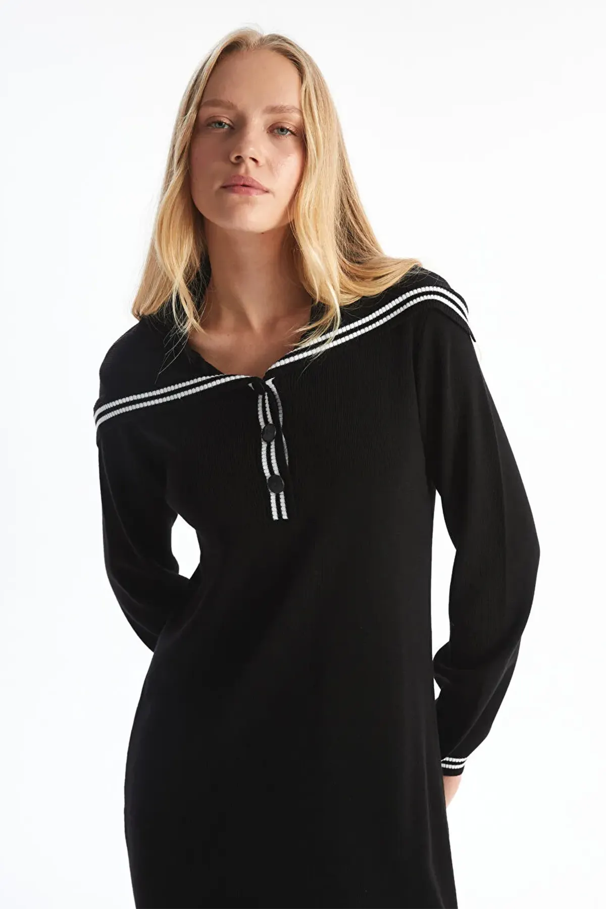 Shawl Collar Knitwear Maternity & Nursing Dress Black - 8145