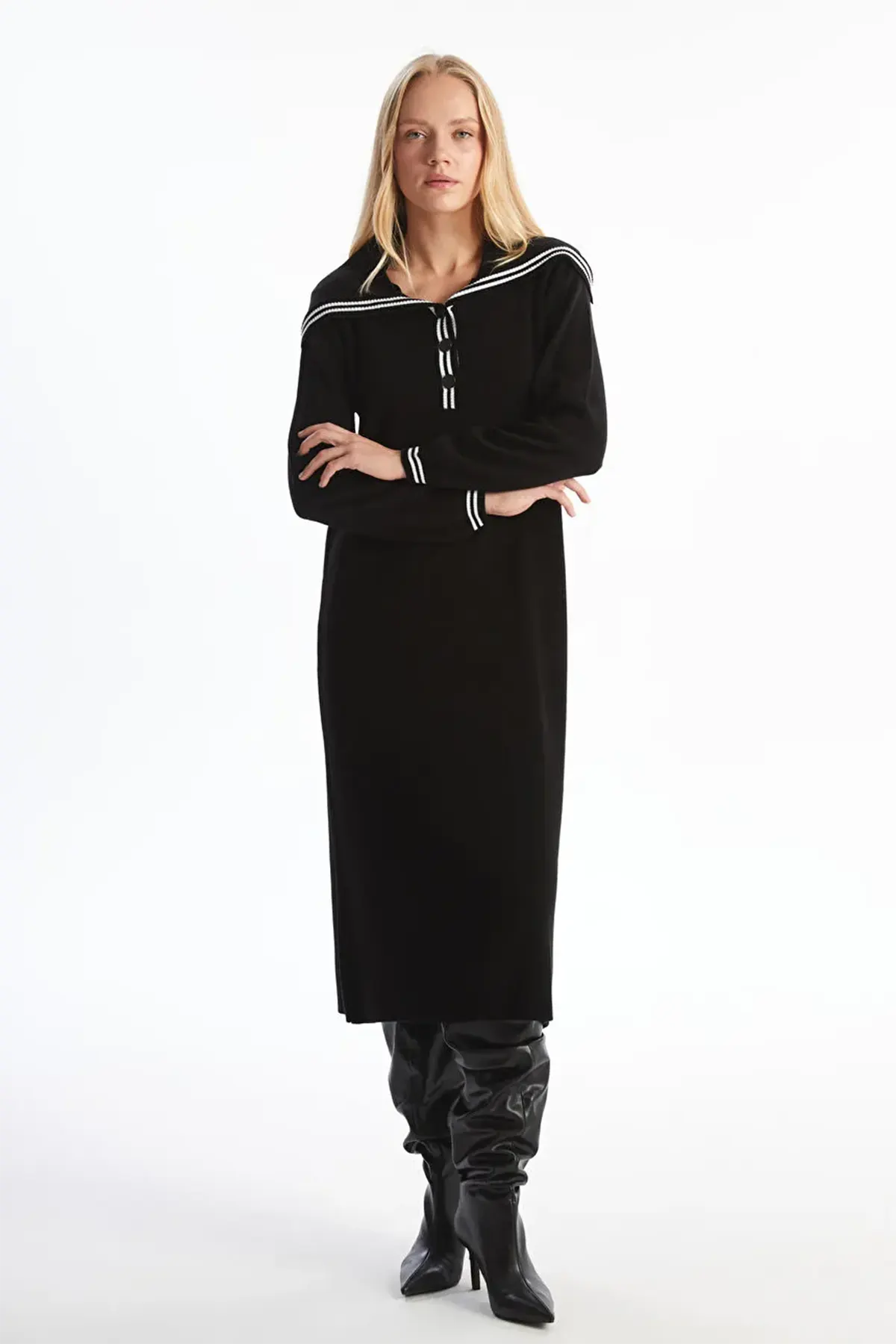 Shawl Collar Knitwear Maternity & Nursing Dress Black - 8145