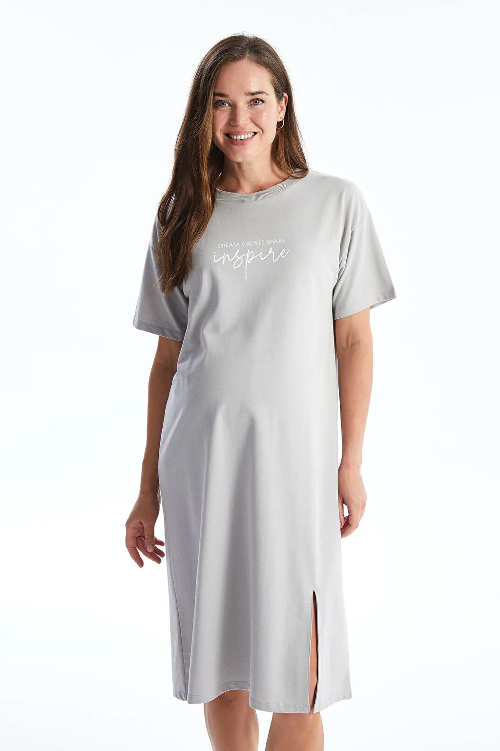 Comfort Fit Crew Neck Printed Maternity Dress Grey - 8146