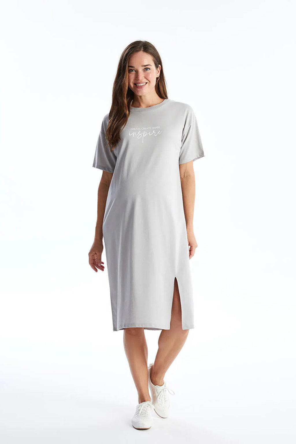 Comfort Fit Crew Neck Printed Maternity Dress Grey - 8146