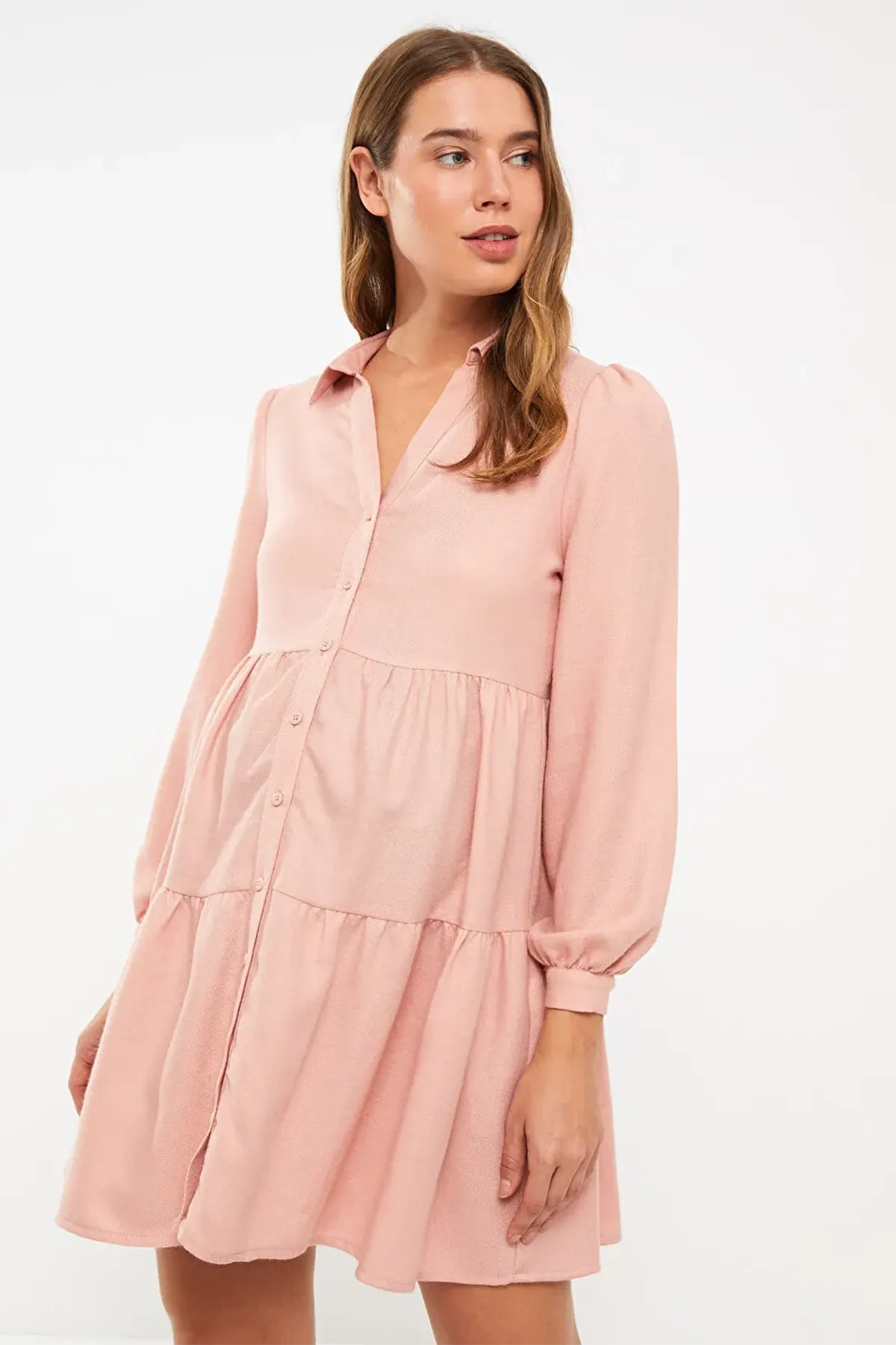 Shirt Collar Long Sleeve Maternity Dress Pink - 8148