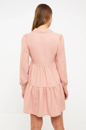 Shirt Collar Long Sleeve Maternity Dress Pink - 8148