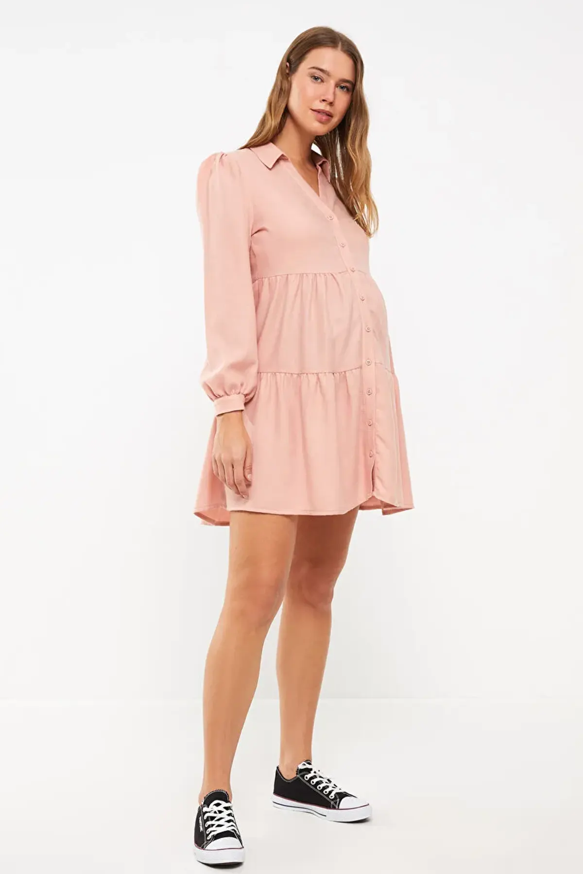 Shirt Collar Long Sleeve Maternity Dress Pink - 8148
