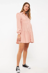 Shirt Collar Long Sleeve Maternity Dress Pink - 8148